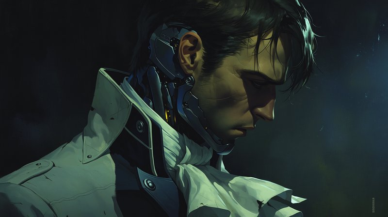 Close-up portrait of a solemn cyborg man with cybernetic neck implants, head bowed under moody dr...