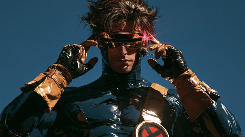 Cyclops from X-Men adjusts his glowing gold optic visor, wearing a glossy dark blue superhero sui...