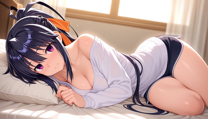 Anime girl Akeno Himejima rests on a sunlit bed, dark ponytail with orange ribbon, purple eyes, c...