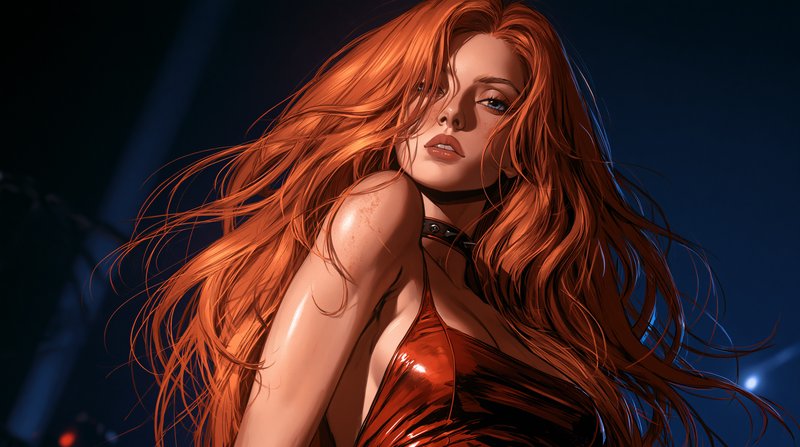 Illustrated portrait of a woman with long windswept fiery red hair, glossy red top, against a dar...