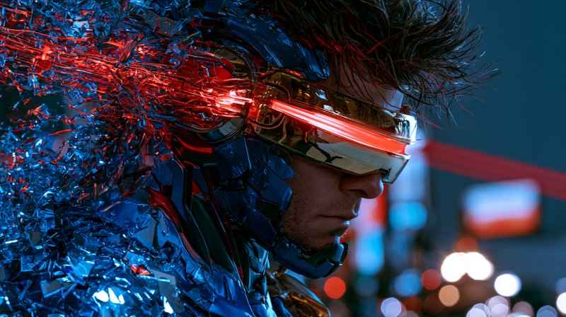 Close-up of futuristic cyberpunk hero with glowing red visor, dissolving crystalline blue armor, ...