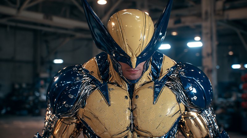 Close-up of cybernetic futuristic Wolverine in glossy yellow and blue armor standing in an industrial warehouse