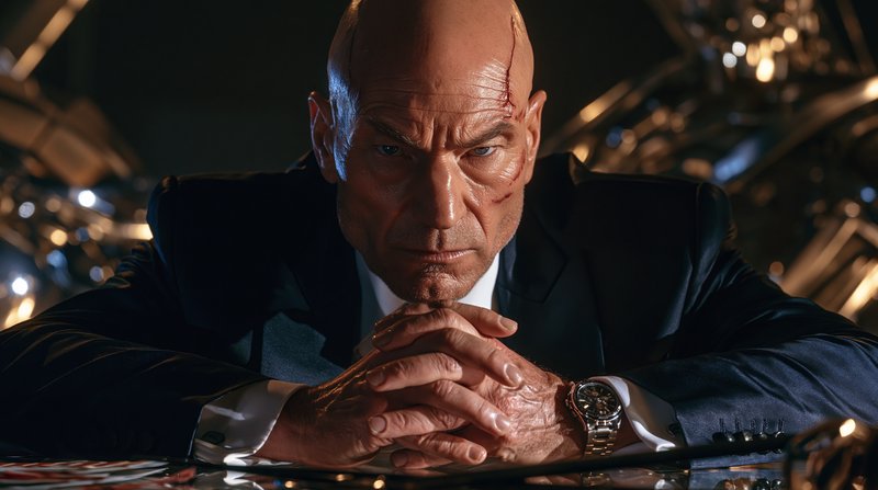 Stern bald man in suit with facial scars, clasped hands, intense gaze, against a blurred futurist...