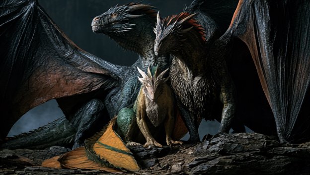 Three fantasy dragon family: two large dark scaled adults guard a small juvenile perched on a roc...