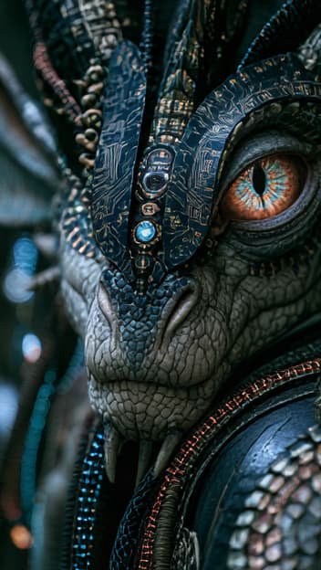 Close-up portrait of an ornate cybernetic fantasy dragon with circuit armor and a striking amber ...
