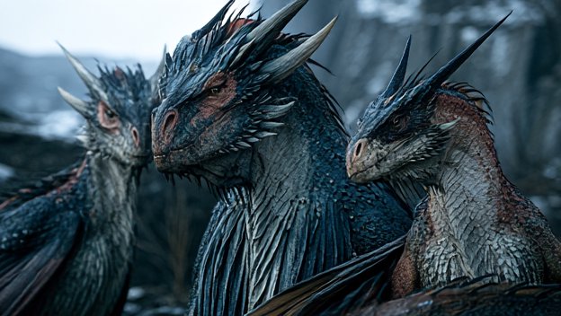Three intricately detailed spiky scaled fantasy dragons stand side-by-side in a misty icy mountai...