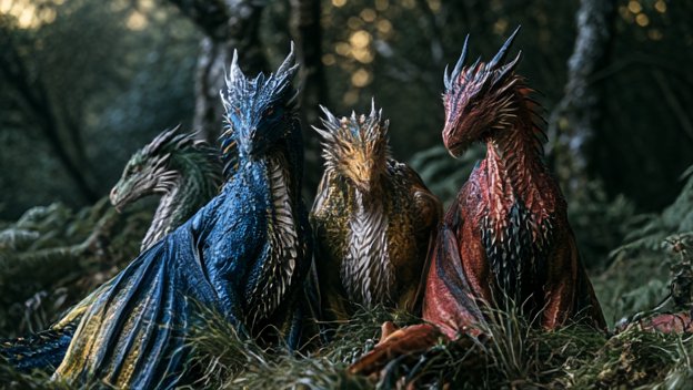 Four colorful spiked elemental dragons sit gathered together in a sun-dappled forest clearing