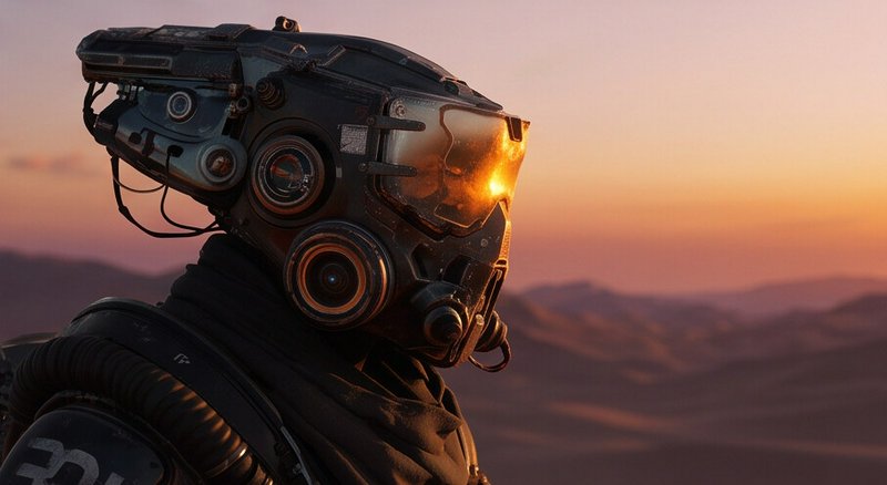 Futuristic tactical sci-fi helmet worn by a cyber soldier overlooking hazy desert mountains at wa...