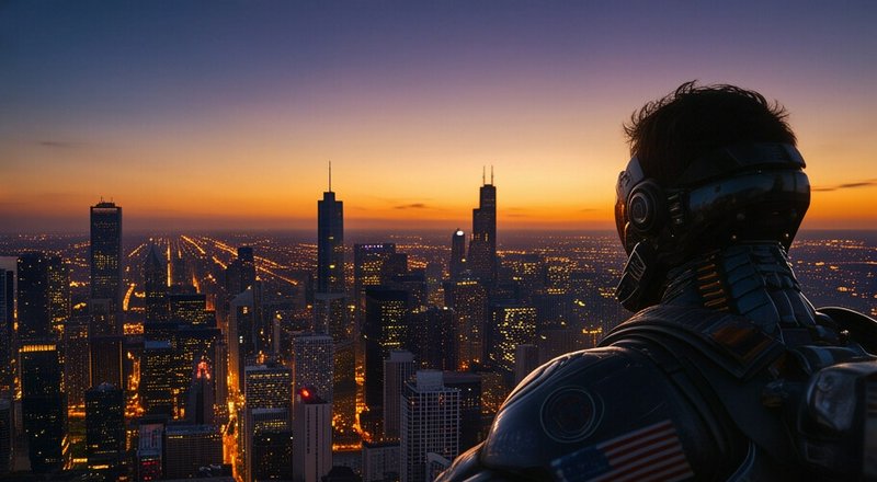 Armored futuristic soldier overlooks glowing Chicago skyline during vibrant gradient sunset dusk