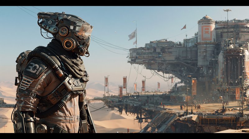 Cybernetic sci-fi explorer in tactical exosuit stands overlooking a sprawling fortified desert ou...