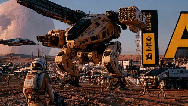 Massive tan battle mech stands at a dusty alien outpost, with astronauts, spacecraft, and a large...