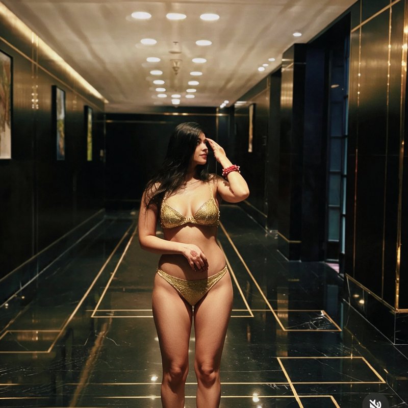 Woman posing in a shimmering gold bikini inside an opulent black and gold marble luxury hotel hal...