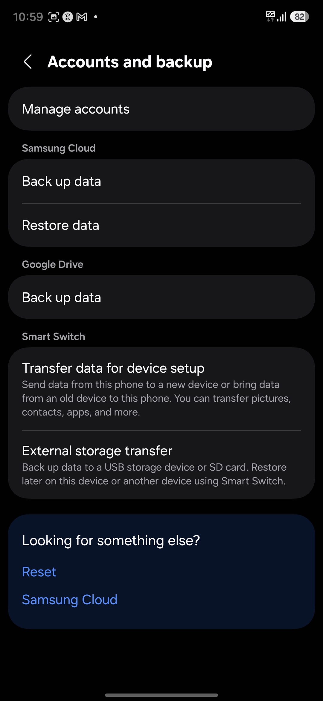 Samsung Android "Accounts and backup" settings screen in dark mode showing backup, restore, and data transfer options.