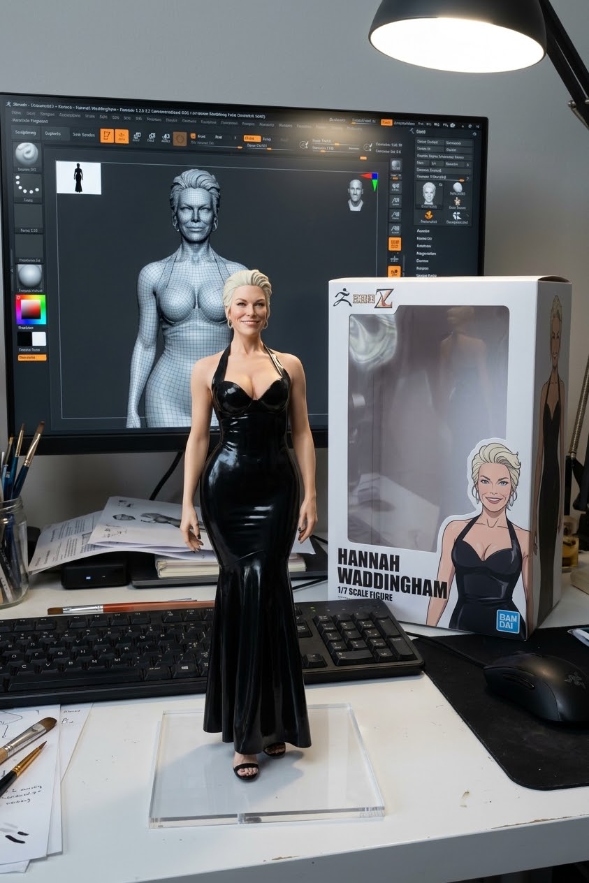Finished Hannah Waddingham 1/7 scale figure displayed on a 3D artist desk next to its box and sculpting monitor