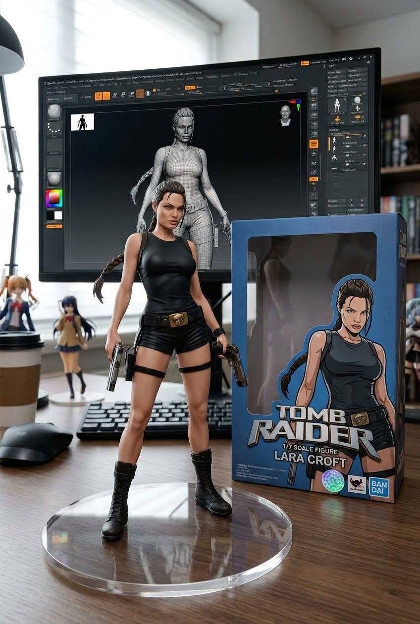 Detailed Lara Croft Tomb Raider collectible figure sits on an artist desk next to its box and 3D design monitor