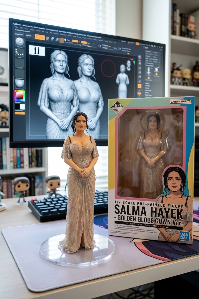 Finished Salma Hayek collectible figure sits next to its box, with its 3D sculpt visible on a design monitor behind it
