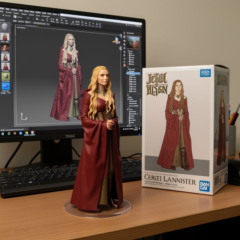 Cersei Lannister collectible figure sits on a desk next to its product box, with the character's ...