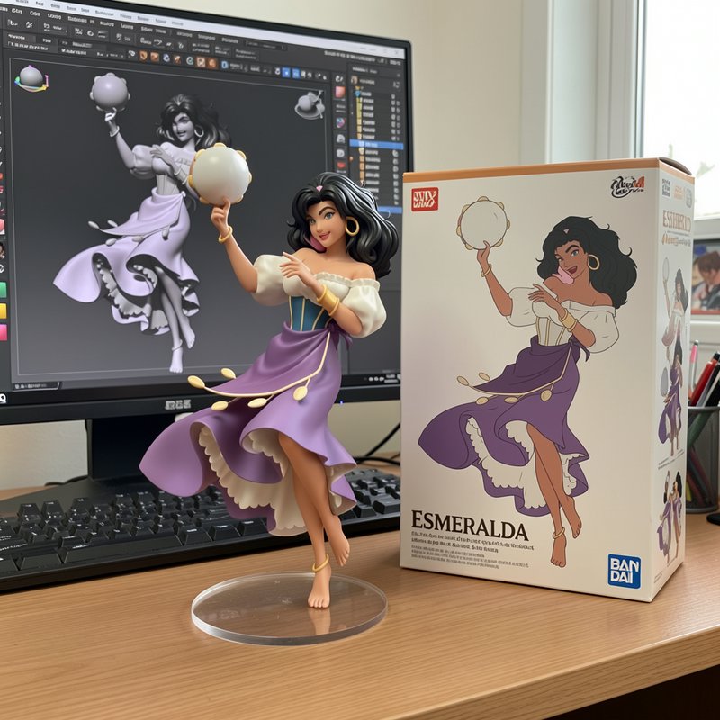 Painted Esmeralda collectible figurine next to its product box, with 3D character sculpt visible ...