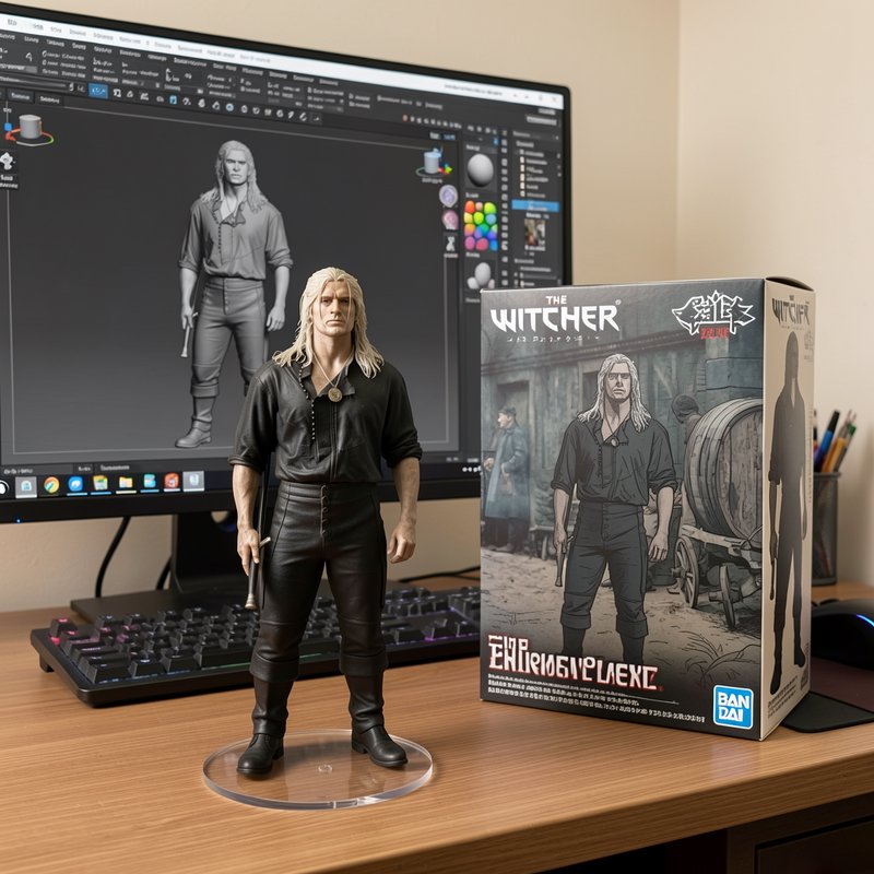 Geralt of Rivia Witcher collectible figure next to its product box, with a matching 3D character ...