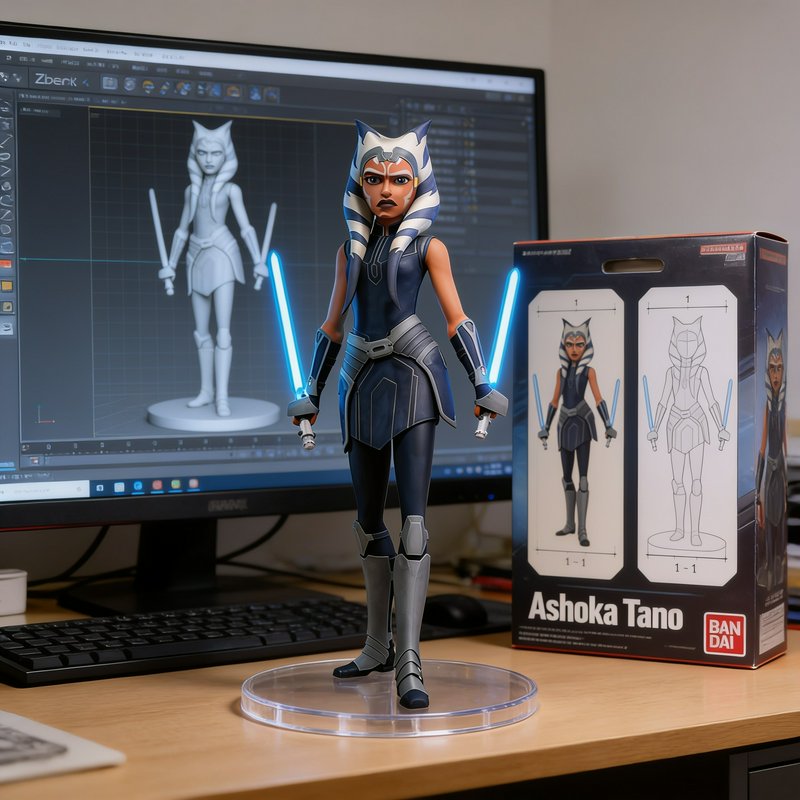 Painted Ahsoka Tano action figure on a work desk, with 3D model on monitor and product packaging ...