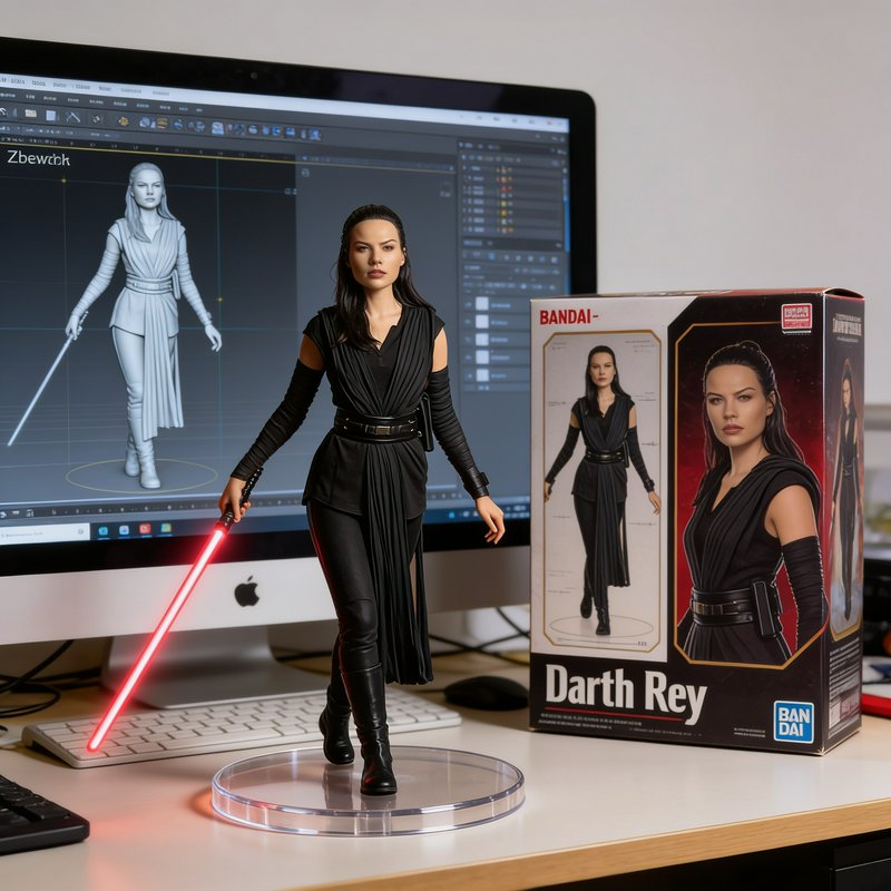 Darth Rey Star Wars action figure with red lightsaber displayed on a desk next to its product box...