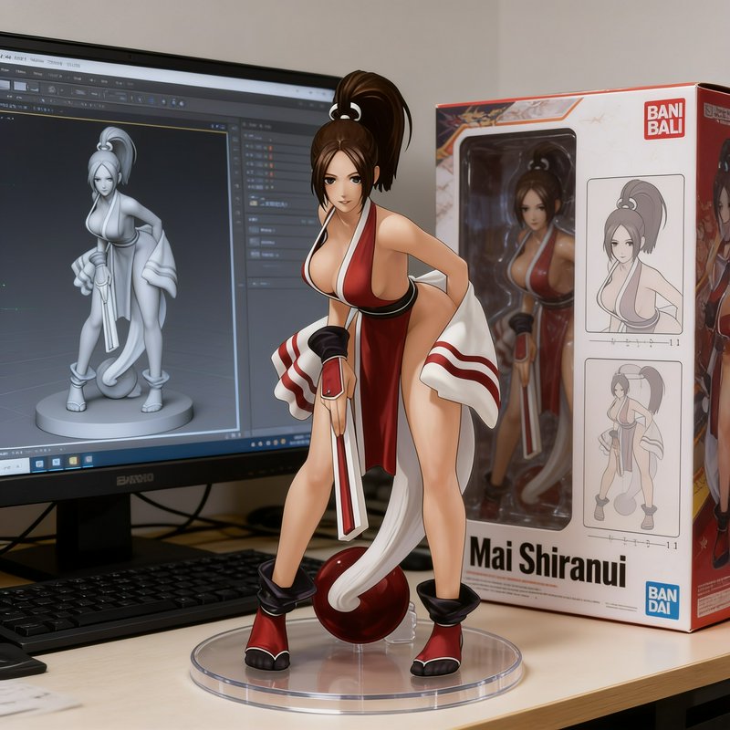 Mai Shiranui collectible scale figure displayed on a work desk next to its product box and a moni...