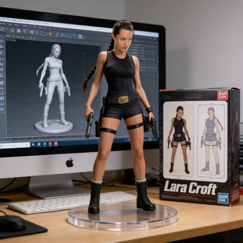Hyperrealistic Lara Croft collectible action figure on a 3D artist desk, beside its retail box an...