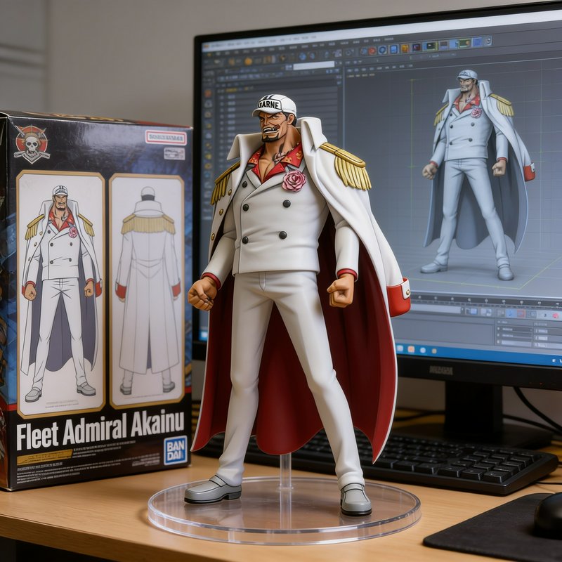 One Piece Fleet Admiral Akainu collectible figure displayed on a desk next to its product box and...