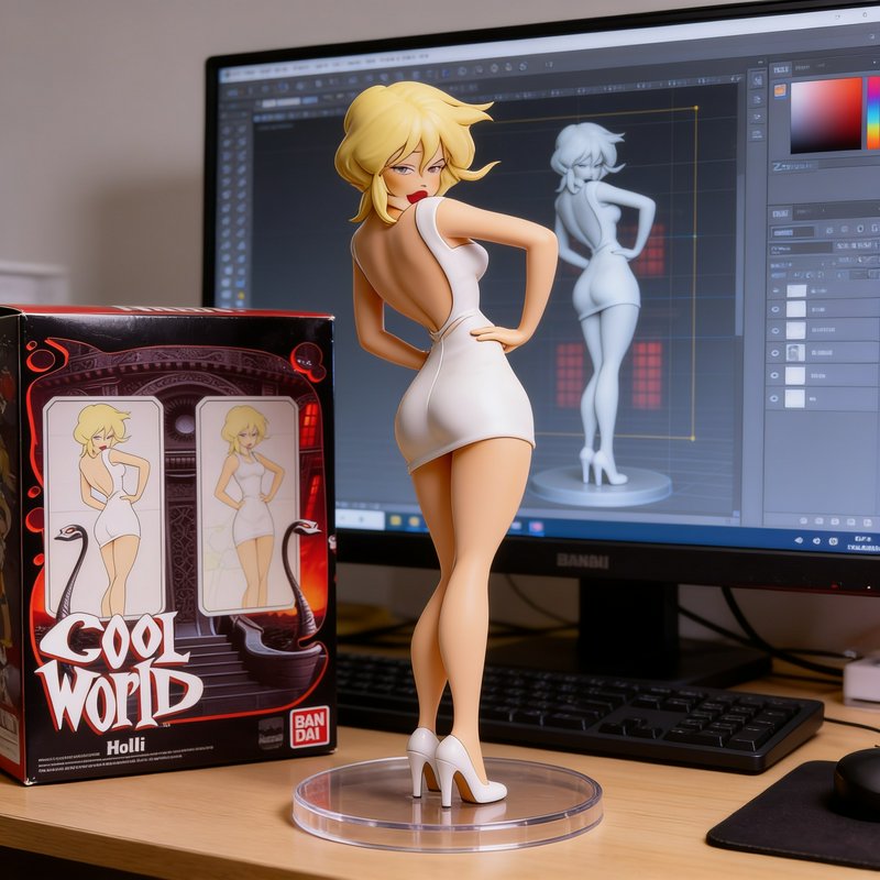Painted Holli Would Cool World collectible figure sits on a desk next to its product box, with 3D...