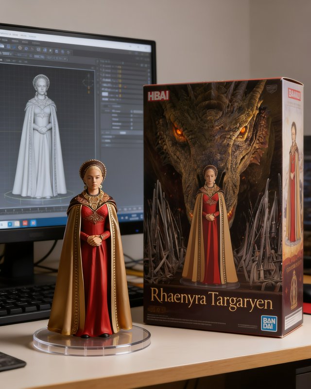 Painted Rhaenyra Targaryen collectible figure next to its product box, with a 3D sculpt visible o...