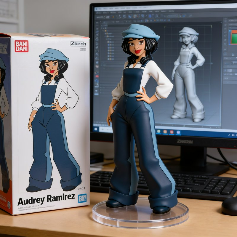 Stylized Audrey Ramirez collectible figure next to retail box, with 3D character model on artist ...