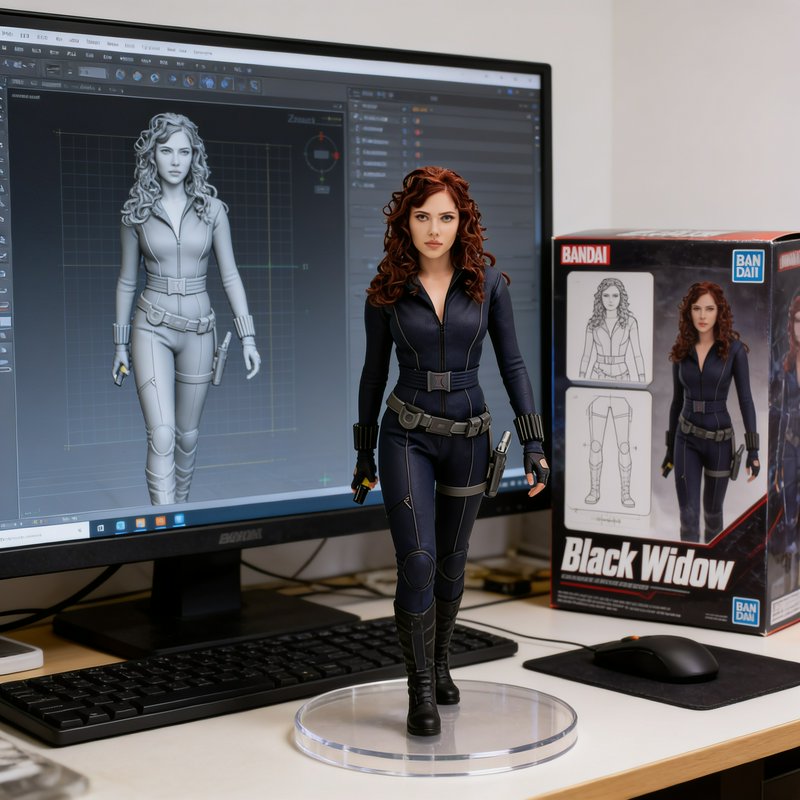 Hyperrealistic Black Widow action figure on a desk, next to its 3D design on a monitor and offici...