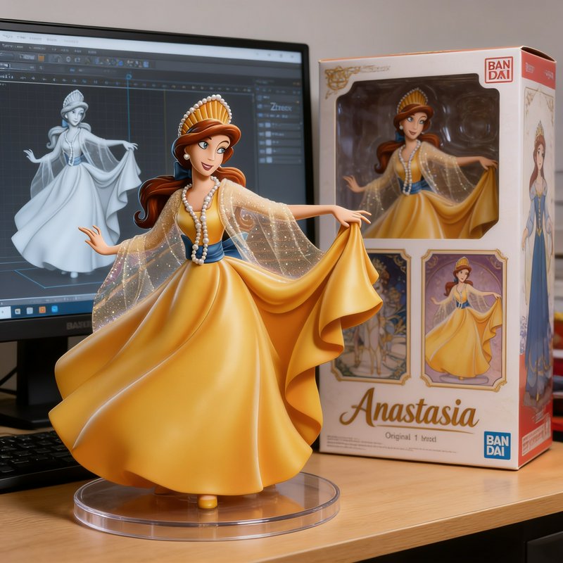 Princess Anastasia animated film collectible figurine displayed on a desk beside its retail box a...