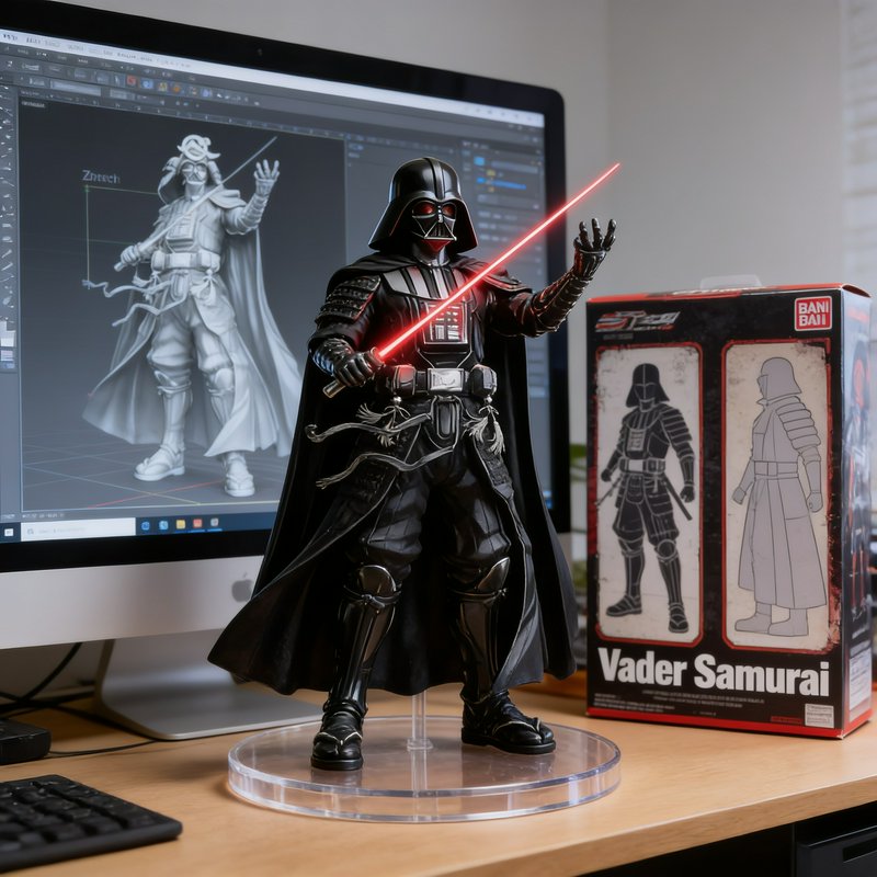 Samurai-style Darth Vader action figure on a desk beside its product box and 3D design on a deskt...