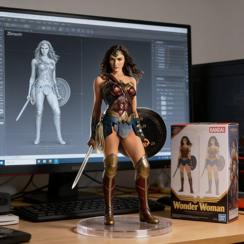 Photorealistic Wonder Woman collectible figurine on a desk, with its 3D sculpt on a monitor and p...