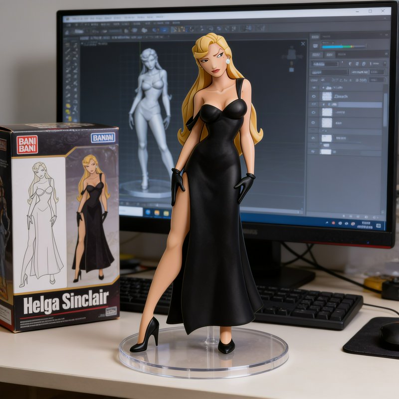 Helga Sinclair anime collectible figure on a work desk, next to its product box and monitor showi...