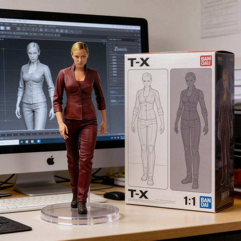 Hyperrealistic T-X Terminator collectible figure next to its product box, with 3D sculpt visible ...