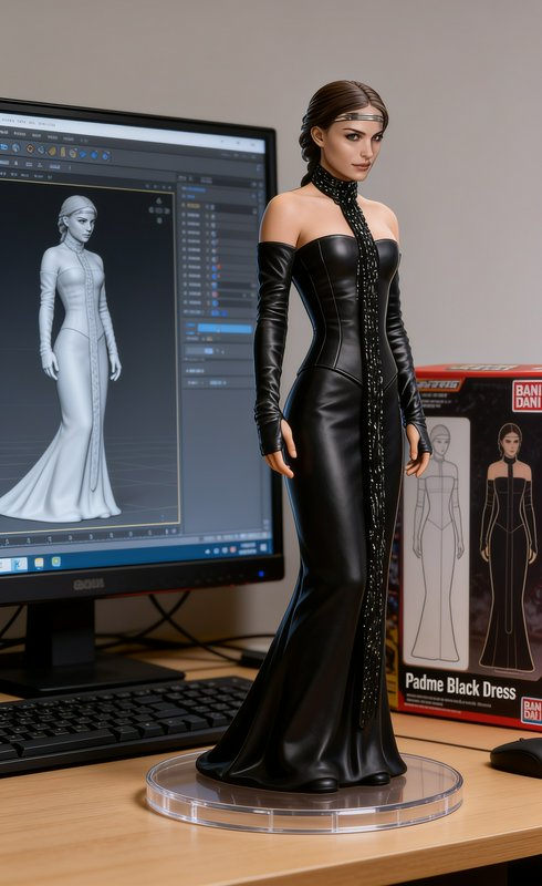 Padme Amidala black dress collectible figurine displayed next to its 3D sculpt on a designer work...