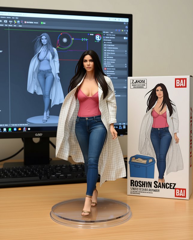 [Realistic custom female collectible figure on a clear display stand, with product box and 3D modeling monitor behind on a...