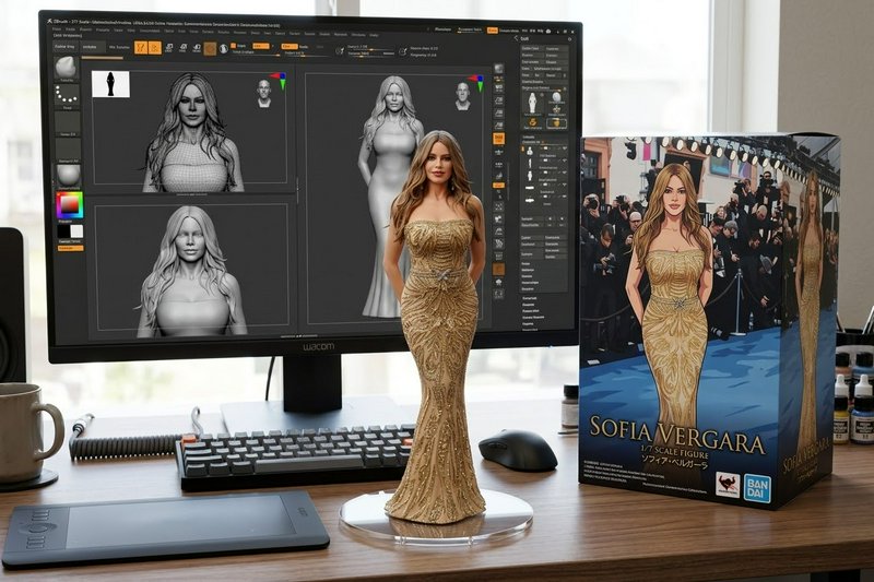 Painted Sofia Vergara collectible figurine sits on an artist desk next to 3D sculpting monitor an...