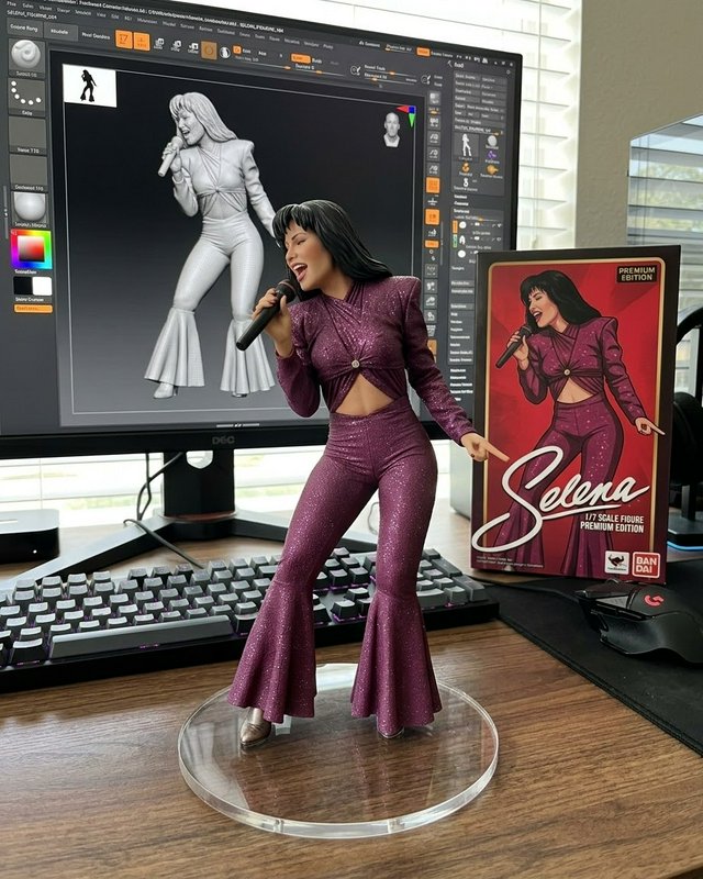 Completed Selena 1/7 scale collectible figure on a desk, alongside its 3D sculpt preview and offi...
