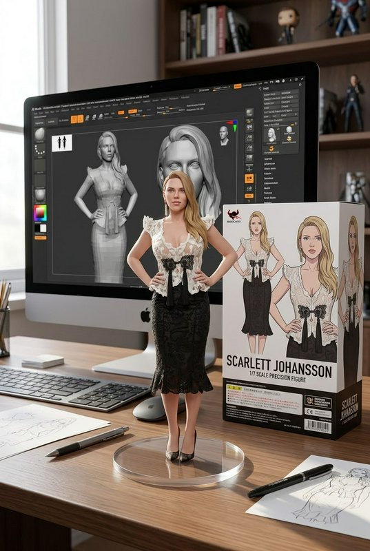 Photorealistic 1/7 scale Scarlett Johansson collectible figure on a 3D artist desk next to its pa...