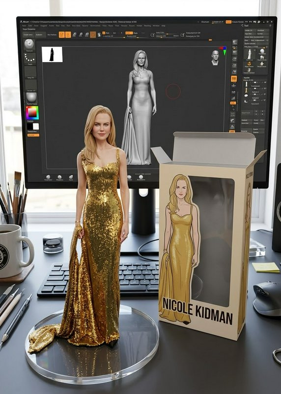 Hyperrealistic Nicole Kidman collectible figure in a gold gown sits on a 3D artist desk next to i...