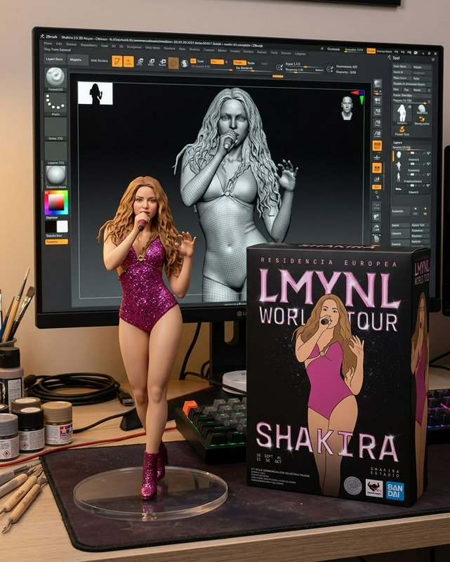 Hand-painted Shakira concert figurine sits on a hobby desk next to its packaging, with a ZBrush 3...