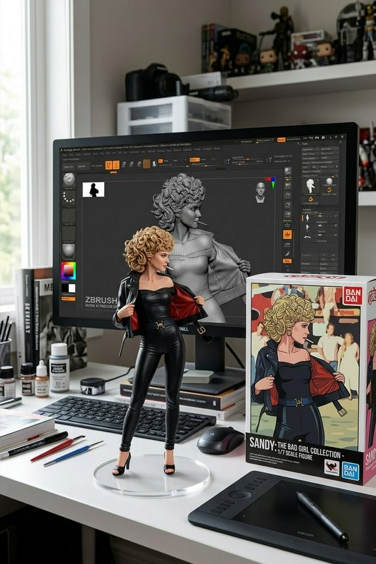 Finished Sandy "Bad Girl" 1/7 scale collectible on a 3D artist desk, next to its retail box and Z...