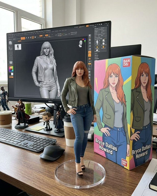 Hyperrealistic Bryce Dallas Howard action figure sits on a 3D artist desk next to its retail box,...
