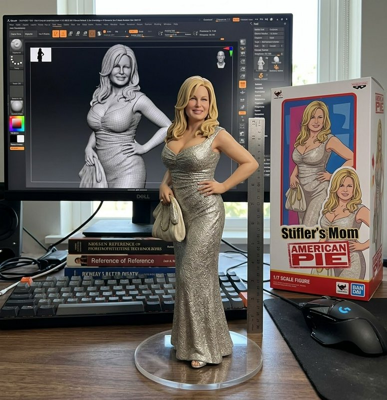 1/7 scale Stifler's Mom American Pie collectible figurine displayed next to its product box and 3...