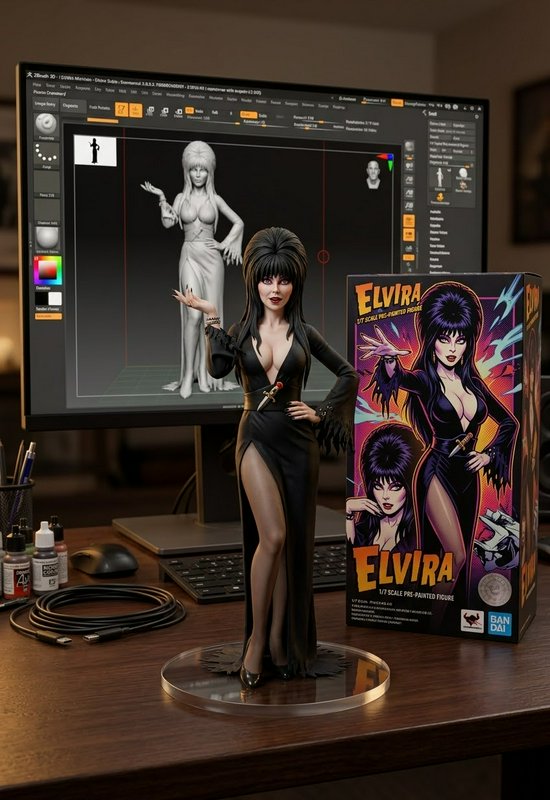 Painted Elvira Mistress of the Dark collectible figure displayed with its retail box and 3D sculp...