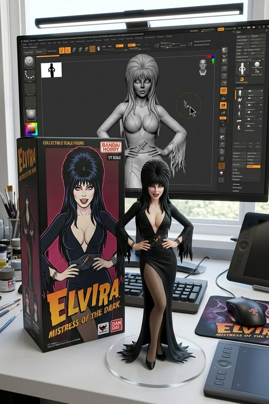 Elvira Mistress of the Dark collectible figure, retail box, and 3D character sculpt displayed on ...