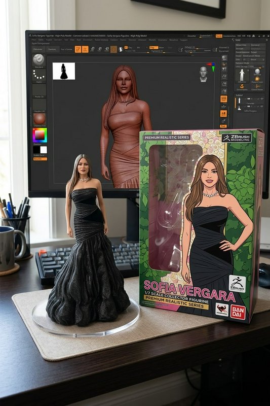 Sofia Vergara collector figurine, product box, and ZBrush 3D model sit on a 3D artist's work desk
